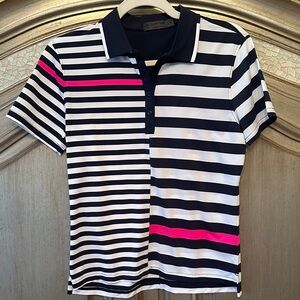 G/FORE Navy and Pink Striped Polo Shirt